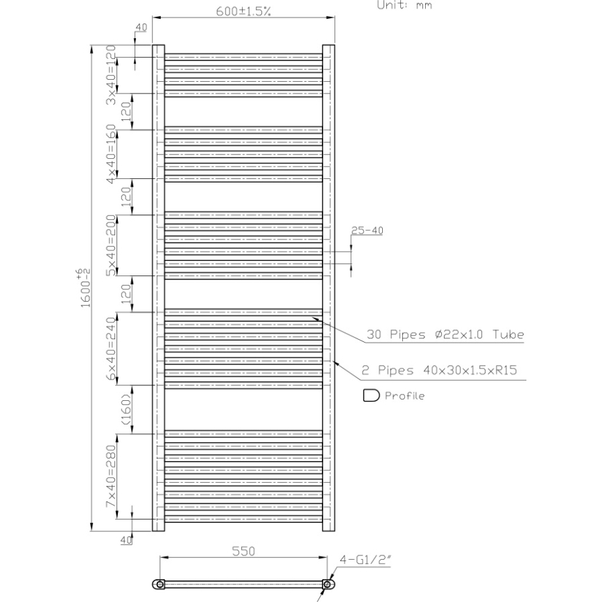 Novaservis - Radiador toallero para baño, tipo escalera, 836W/230V, 160x60 cm, blanco, recto