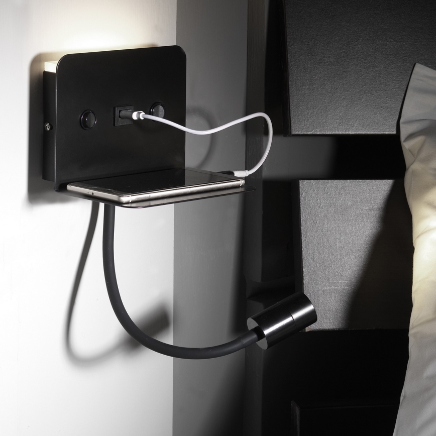 ONLI - Lámpara LED flexible pequeña con estante y carga USB PLAK LED/1W/230V negro