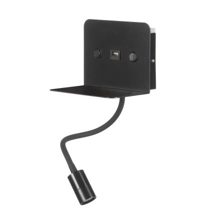 ONLI - Lámpara LED flexible pequeña con estante y carga USB PLAK LED/1W/230V negro