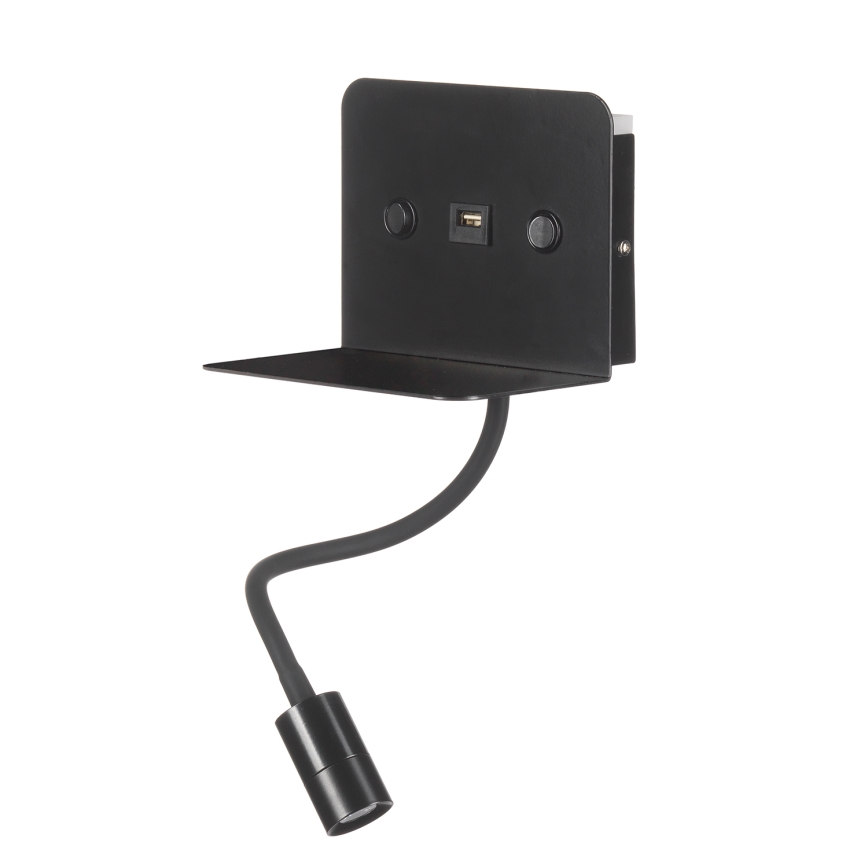 ONLI - Lámpara LED flexible pequeña con estante y carga USB PLAK LED/1W/230V negro