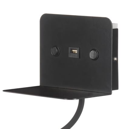 ONLI - Lámpara LED flexible pequeña con estante y carga USB PLAK LED/1W/230V negro