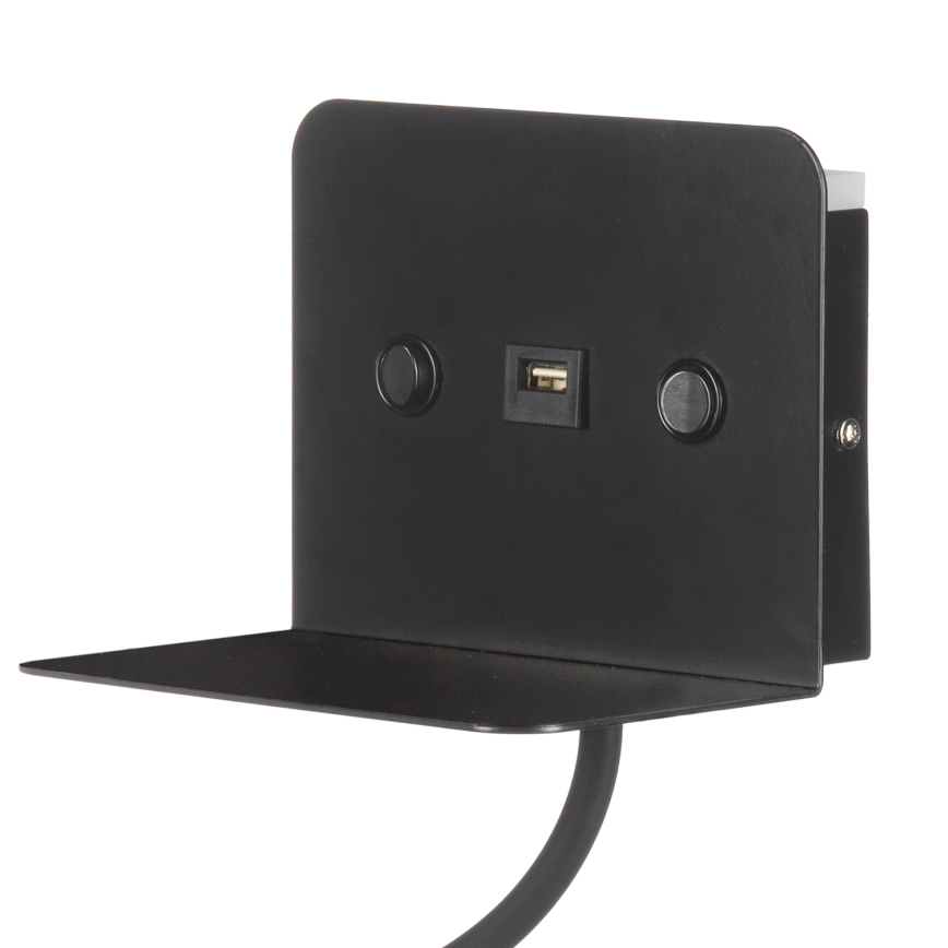 ONLI - Lámpara LED flexible pequeña con estante y carga USB PLAK LED/1W/230V negro