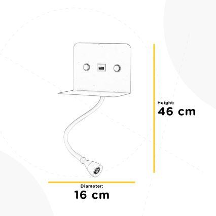 ONLI - Lámpara LED flexible pequeña con estante y carga USB PLAK LED/1W/230V negro