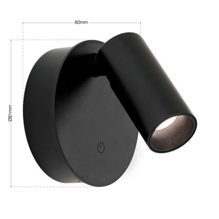 Foco de pared LED recargable y regulable con control táctil LUXY LED/1W/5V 2200 mAh 2700/3000/4000K negro