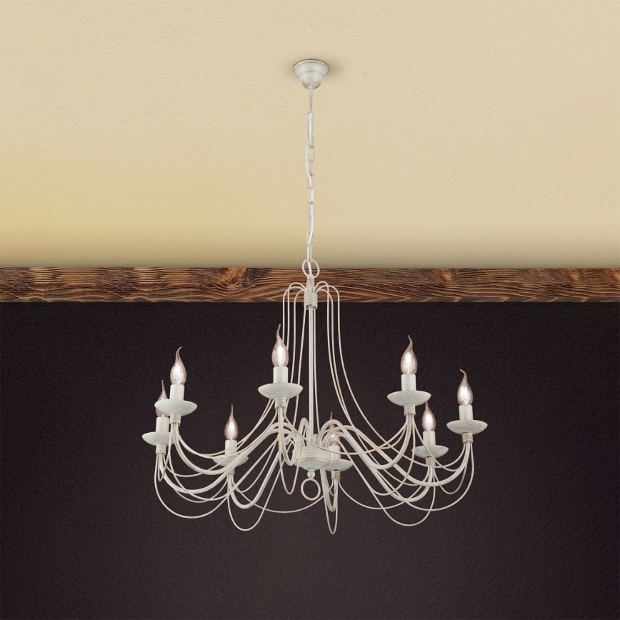 Lámpara colgante con cadena VELA 8xE14/40W/230V diá. 80 cm blanco/dorado/pátina