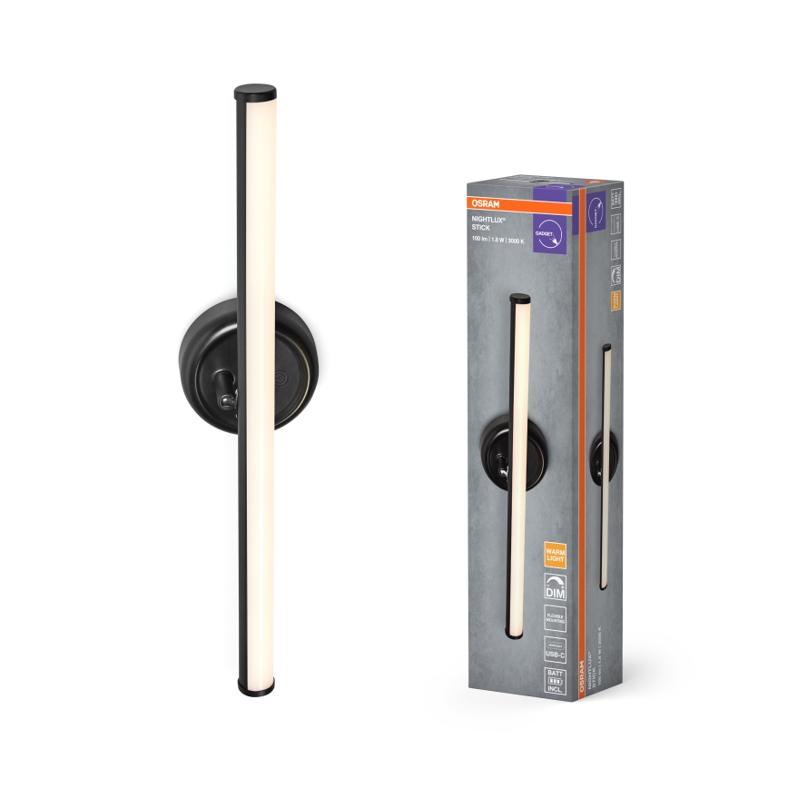 Osram - Aplique de pared táctil recargable y regulable NIGHTLUX LED/1,8W/5V negro