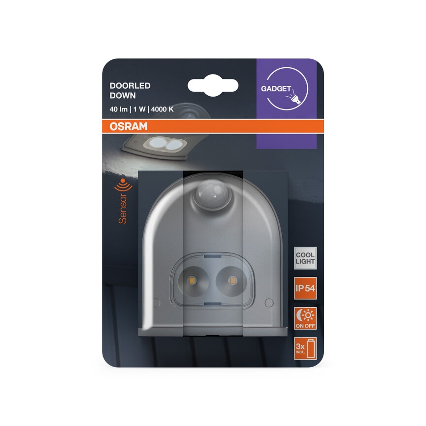 Osram - Aplique LED de pared para exterior con sensor DOORLED LED/0,5W/3xAA IP54 plateado