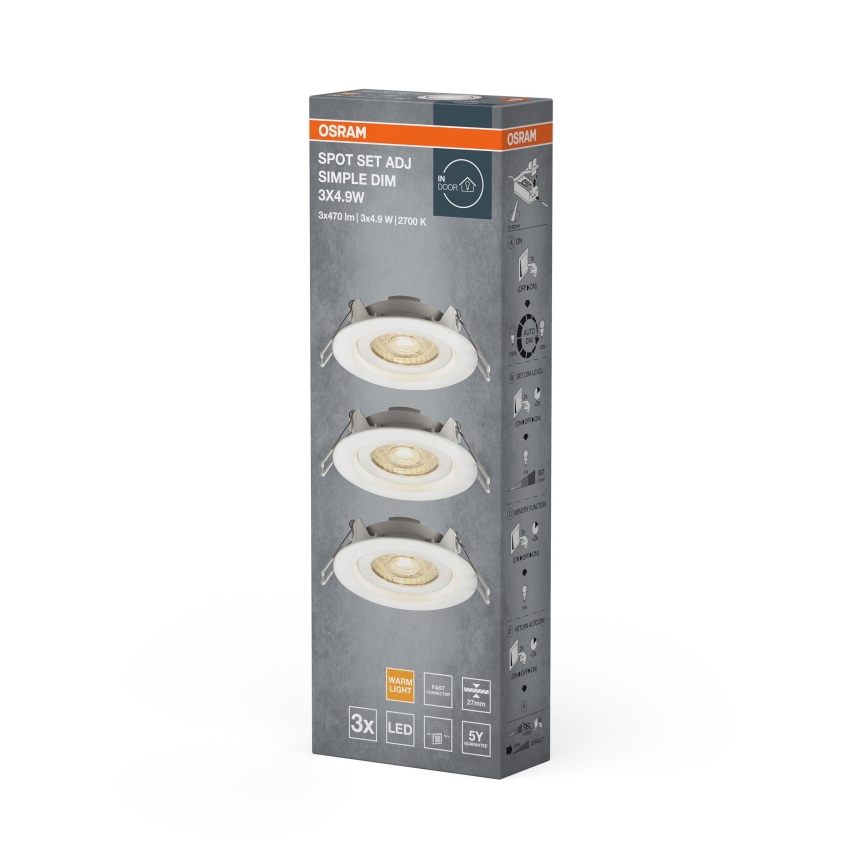 Osram - Set de 3 focos empotrables LED regulables SPOT LED/4,9W/230V 2700K Ø 8,7 cm blanco