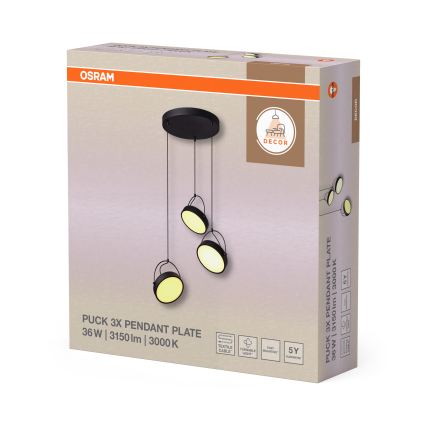 Osram - Lámpara colgante LED con cable DECOR PUCK 3xLED/12W/230V CRI 90 negra