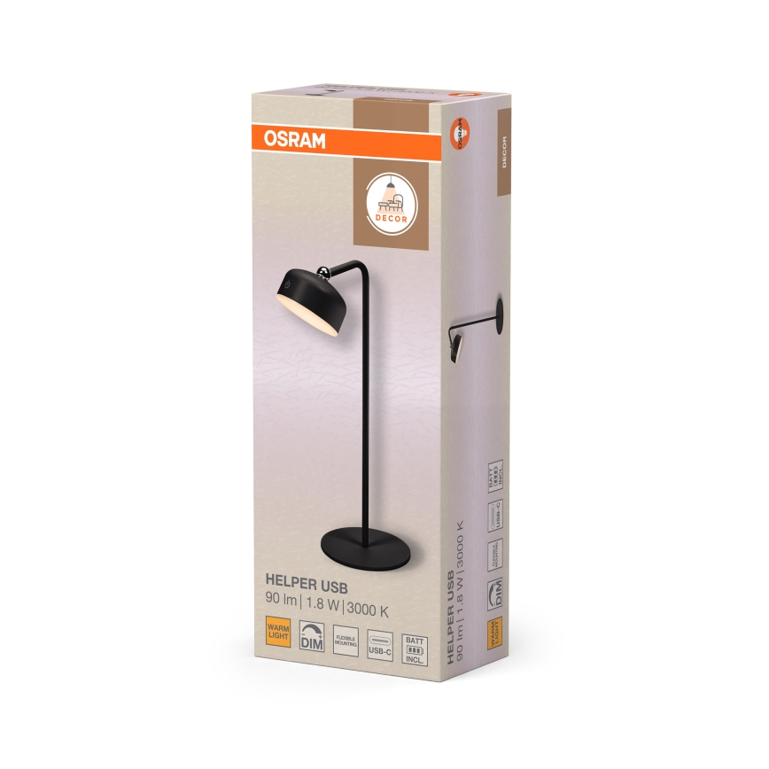 Osram - Lámpara de escritorio LED recargable y regulable 3 en 1 DECOR HELPER LED/1,8W/5V negra