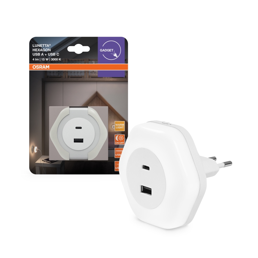 Osram - Luz nocturna LED de enchufe con USB LUNETTA LED/15W/230V blanca