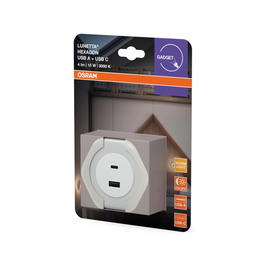 Osram - Luz nocturna LED de enchufe con USB LUNETTA LED/15W/230V blanca