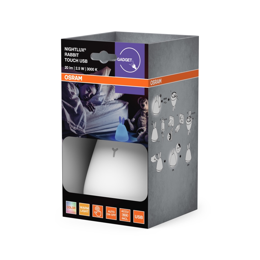 Osram - Lámpara nocturna infantil táctil TOUCH LED/2,5W/5V 1200 mAh conejito