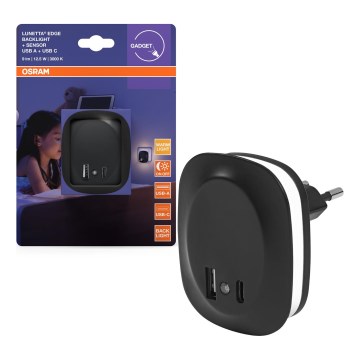 Osram - Lámpara nocturna LED de enchufe con sensor y puerto USB LUNETTA LED/12,5W/230V negra
