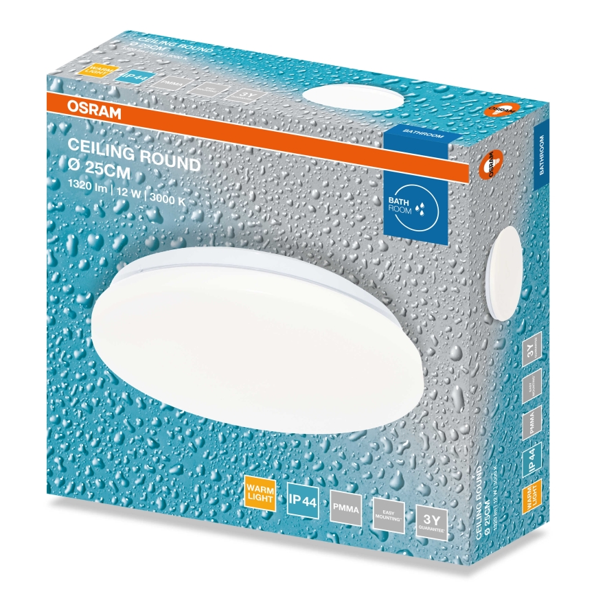 Osram - Plafón LED para baño CEILING ROUND, 12W/230V, 3000K, Ø 26 cm, IP44, blanco