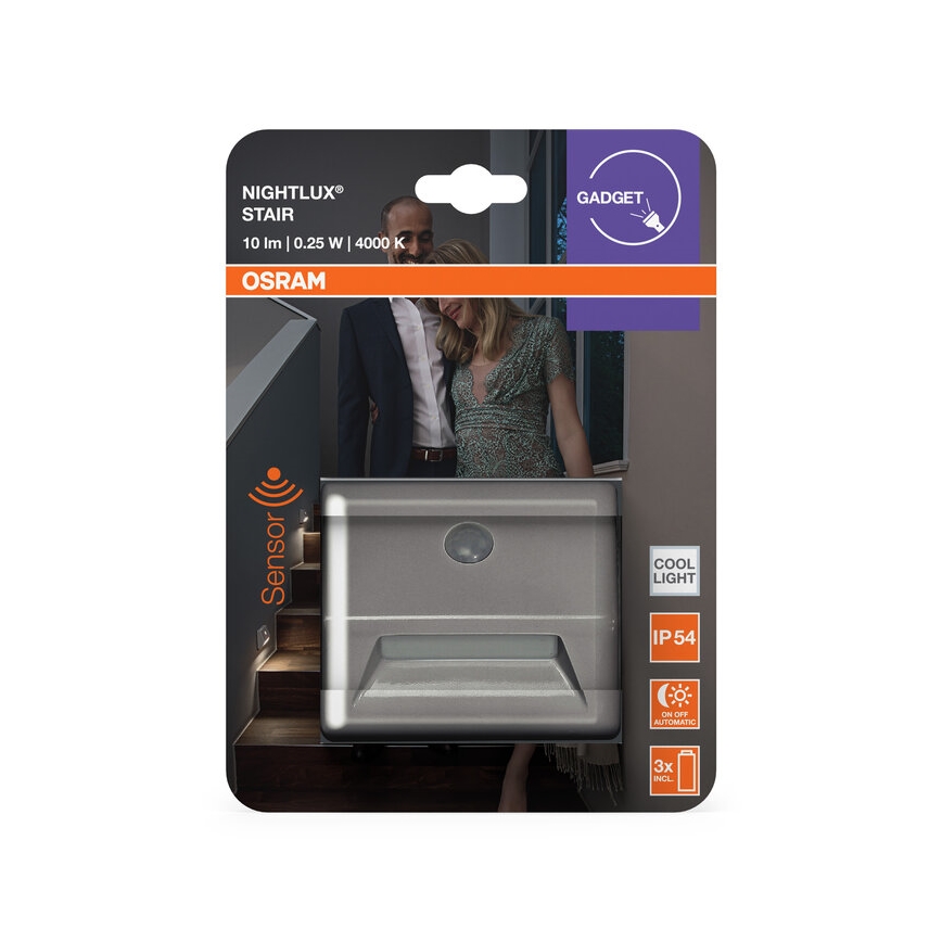 Osram - Aplique LED para escalera con sensor NIGHTLUX LED/0,25W/3xAAA IP54 plateado