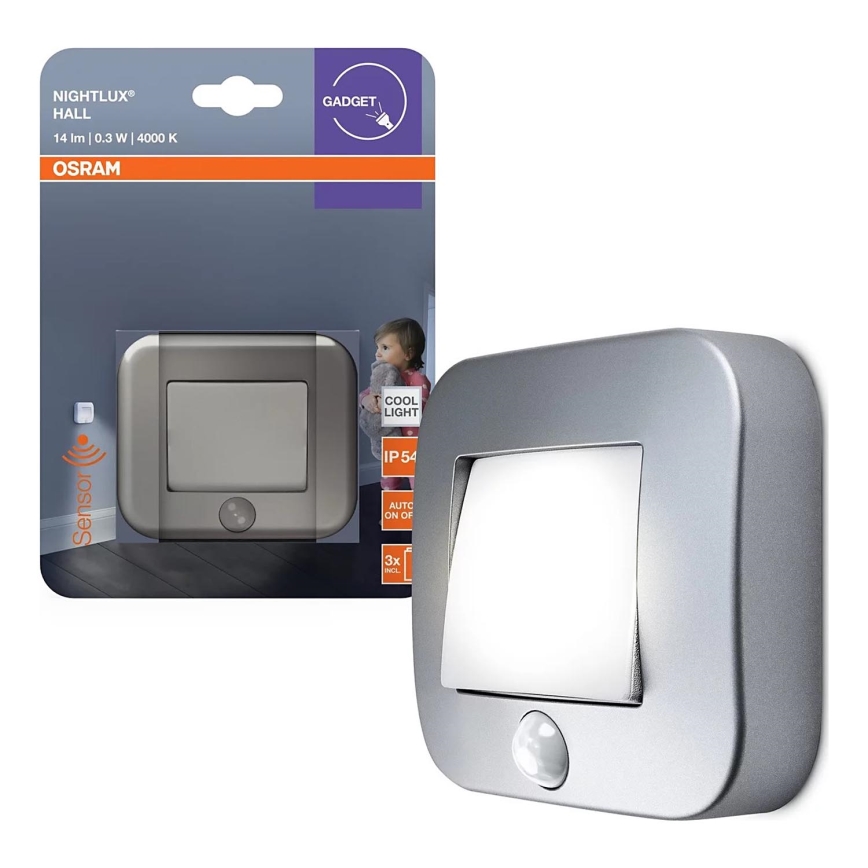 Osram - Luz LED orientativa con sensor NIGHTLUX LED/0,3W/3xAAA IP54 plateada