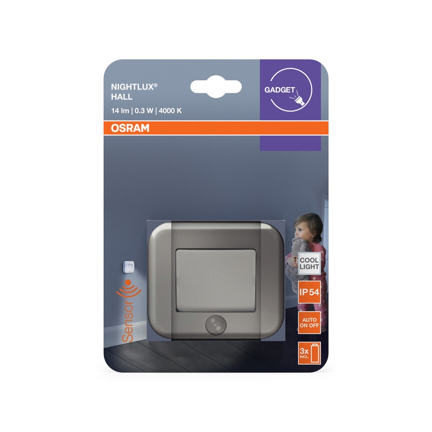 Osram - Luz LED orientativa con sensor NIGHTLUX LED/0,3W/3xAAA IP54 plateada