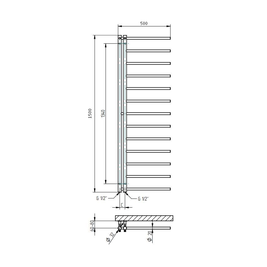 P.M.H. AP2C-L - Radiador toallero de baño APOLLO 219W 150 cm izquierdo/cromo brillante