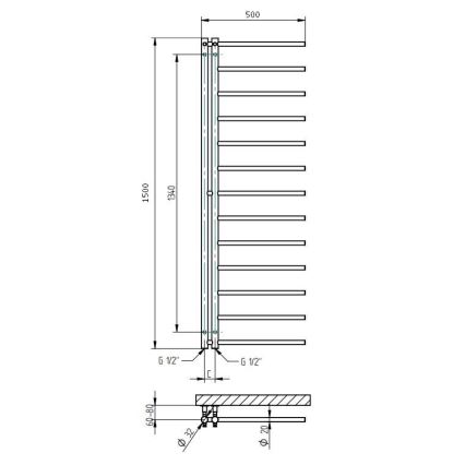 P.M.H. AP2W-L - Radiador toallero tipo escalera para baño APOLLO 346 W 150 cm, derecha/blanco