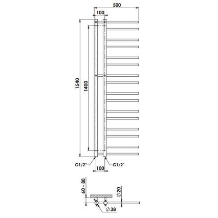 P.M.H. T2C-L - Radiador toallero tipo escalera THEIA 352W 154 cm izquierdo/cromo pulido