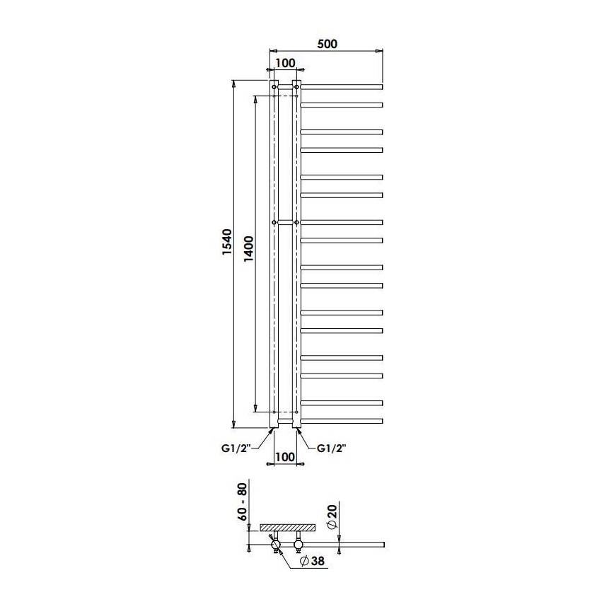 P.M.H. T2C-L - Radiador toallero tipo escalera THEIA 352W 154 cm izquierdo/cromo pulido