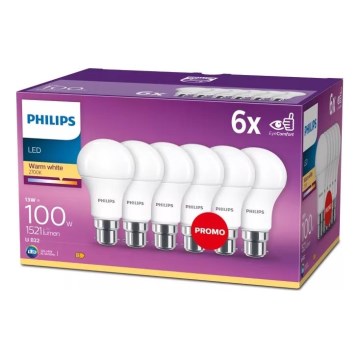 Pack 6x bombillas LED Philips A60 B22/13W/230V 2700K