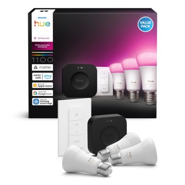 Pack básico Philips Hue WHITE AND COLOR AMBIANCE 3xE27/8,1W 1000-20000K + puente de conexión