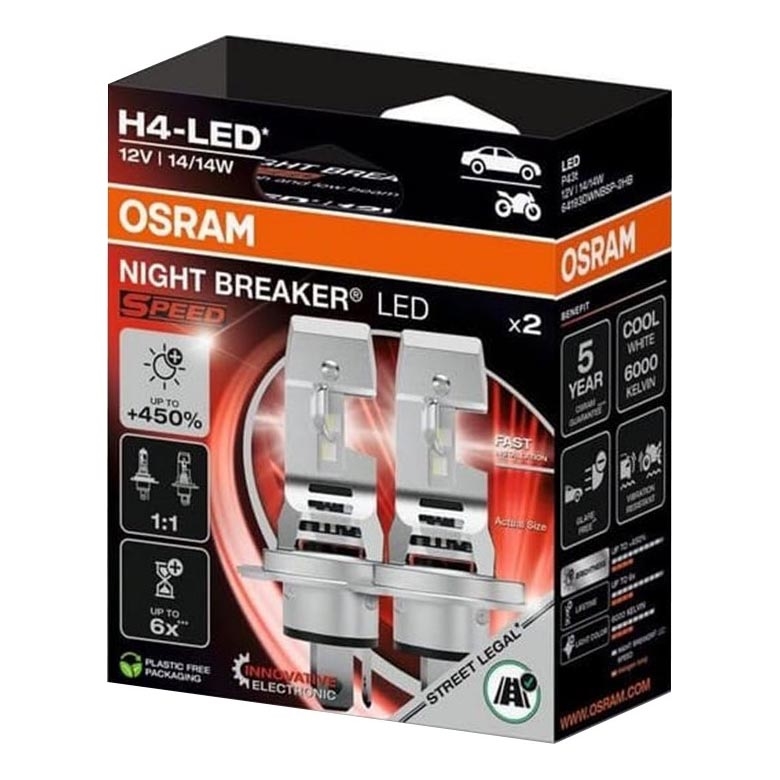 Pack de 2 bombillas LED para automóvil NIGHT BREAKER SPEED H4 P43T/14W/12V 6000K - Osram