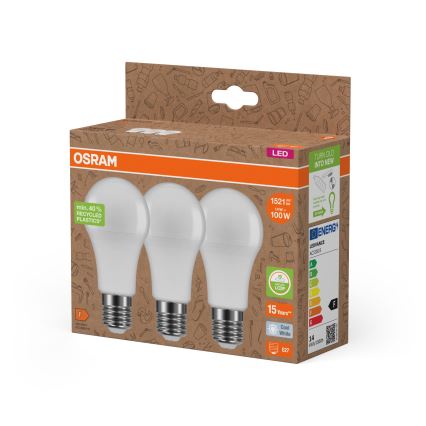 Pack de 3 bombillas LED A100 de plástico reciclado, casquillo E27, 14 W, 230 V, 4000 K - Osram