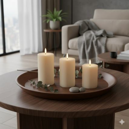 Pack de 3 velas LED BRILLO — color crema, funcionamiento con 3x AAA y mando a distancia