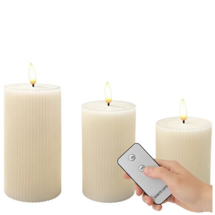Pack de 3 velas LED BRILLO — color crema, funcionamiento con 3x AAA y mando a distancia