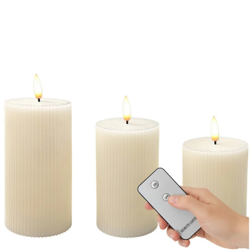 Pack de 3 velas LED BRILLO — color crema, funcionamiento con 3x AAA y mando a distancia