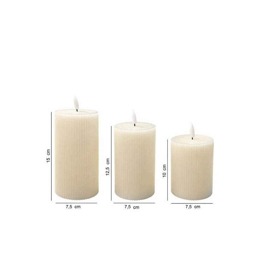 Pack de 3 velas LED BRILLO — color crema, funcionamiento con 3x AAA y mando a distancia
