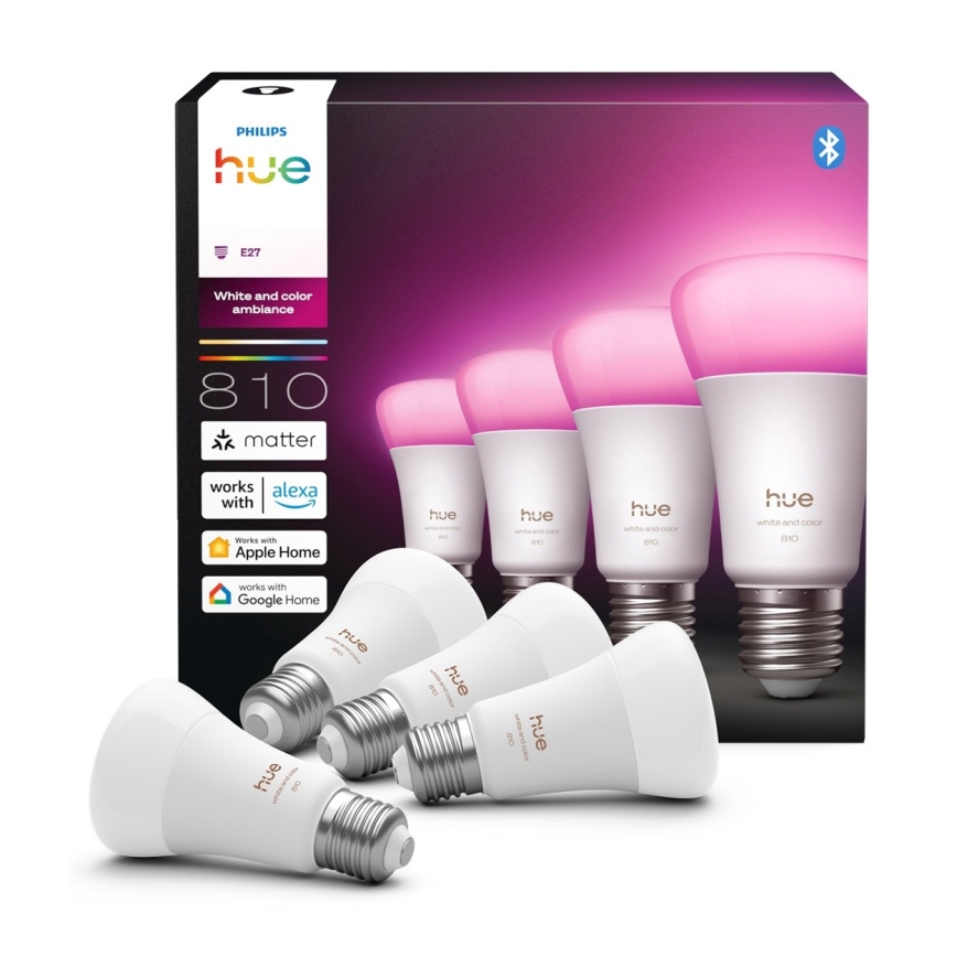 Pack de 4 bombillas LED regulables Philips Hue White and Color Ambiance E27/6W/230V 1000-20000K
