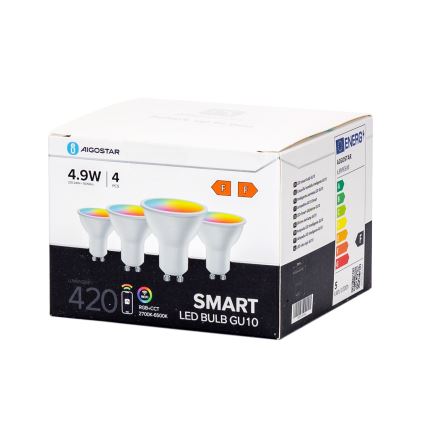 Pack de 4 bombillas LED RGBW inteligentes y regulables GU10/4,9W/230V 2700-6500K - Aigostar