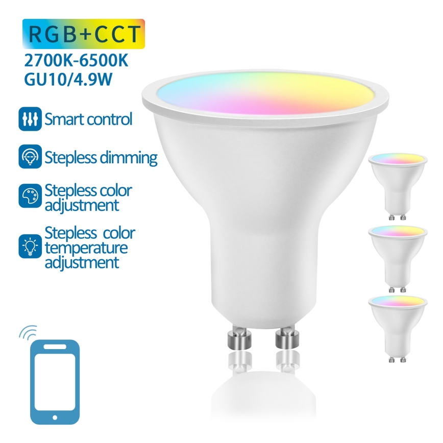 Pack de 4 bombillas LED RGBW regulables inteligentes GU10/4,9W/230V 2700-6500K - Aigostar