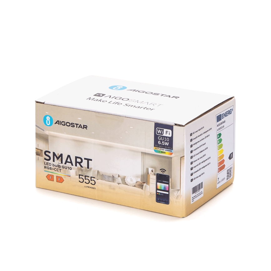 Pack de 6 bombillas LED RGBW regulables GU10/6,5W/230V 2700-6500K Wi-Fi - Aigostar