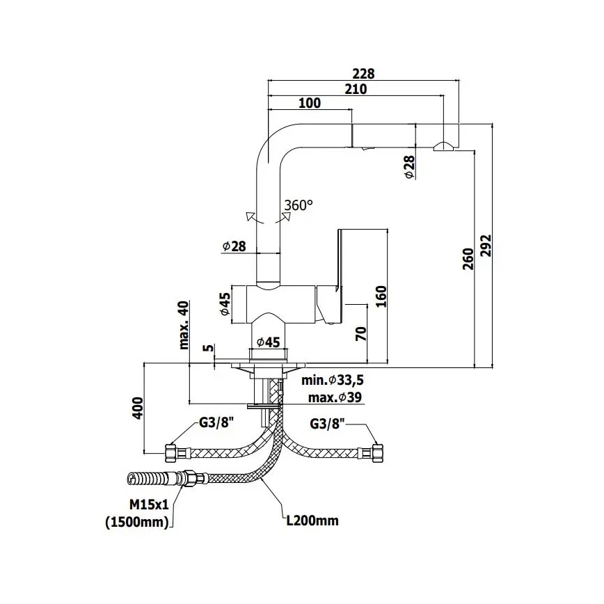 Paffoni - Grifo de cocina con ducha extraíble RINGO 29,2 cm negro