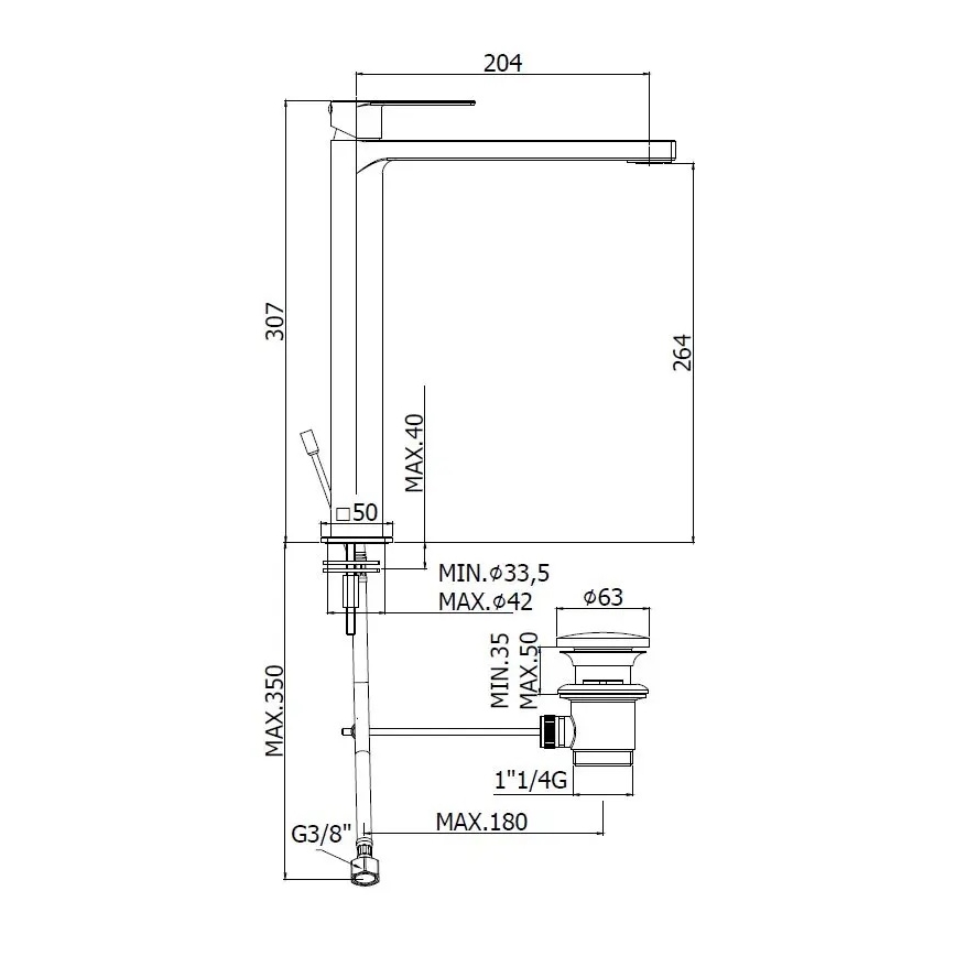 Paffoni - Grifo de lavabo TANGO con válvula de desagüe, acero inoxidable
