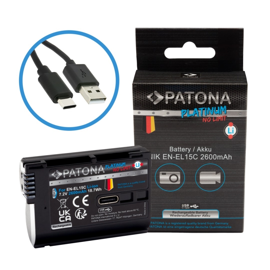 PATONA - Batería para Nikon EN-EL15C 2600 mAh Li-Ion Platinum con USB-C