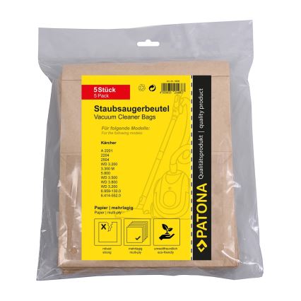 PATONA - Bolsas para aspiradora KÄRCHER WD3/A2201/2204/2504/3.300/5.800 papel - 5 piezas