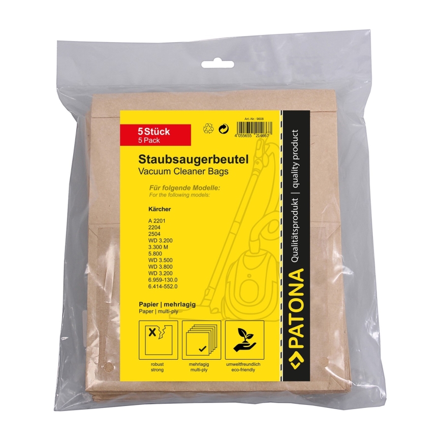 PATONA - Bolsas para aspiradora KÄRCHER WD3/A2201/2204/2504/3.300/5.800 papel - 5 piezas