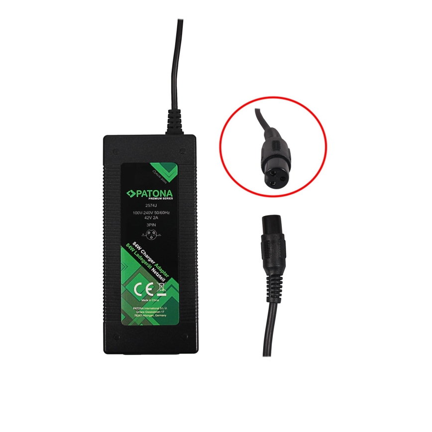 PATONA - Cargador para patinetes eléctricos y hoverboards 42V/2A/84W 3pin