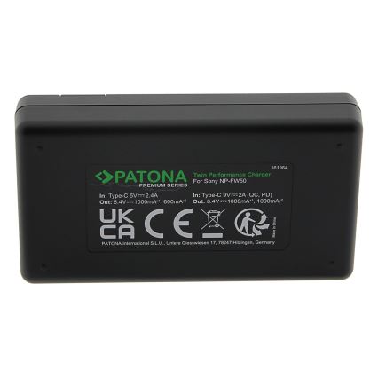 PATONA - Cargador rápido Dual Sony NP-FW50 + cable USB-C 0,6m