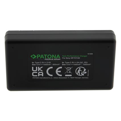 PATONA - Cargador rápido dual Sony NP-FZ100 + cable USB-C 0,6m