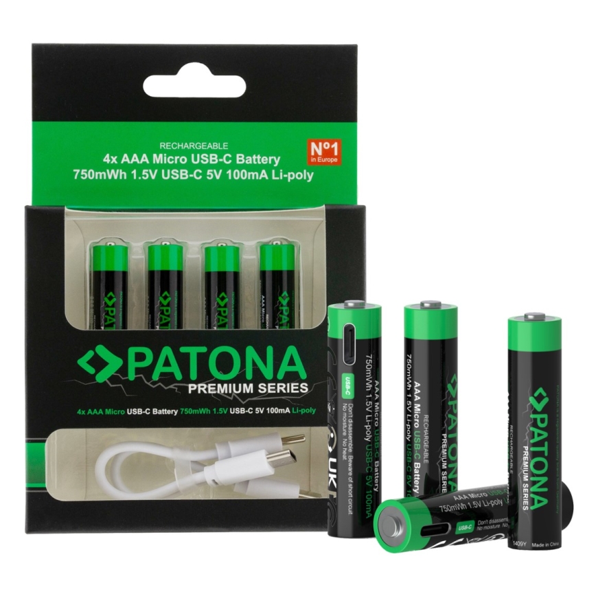 PATONA - SET 4x Batería AAA/LR03 Li-Pol 500mAh 1,5V con carga USB-C