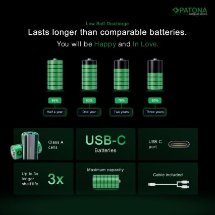 PATONA - SET 4x Batería AAA/LR03 Li-Pol 500mAh 1,5V con carga USB-C
