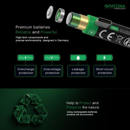 PATONA - SET 4x Batería AAA/LR03 Li-Pol 500mAh 1,5V con carga USB-C