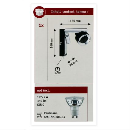 Paulmann 66670 - 1xGU10/10W Foco de pared TURN 230V negro